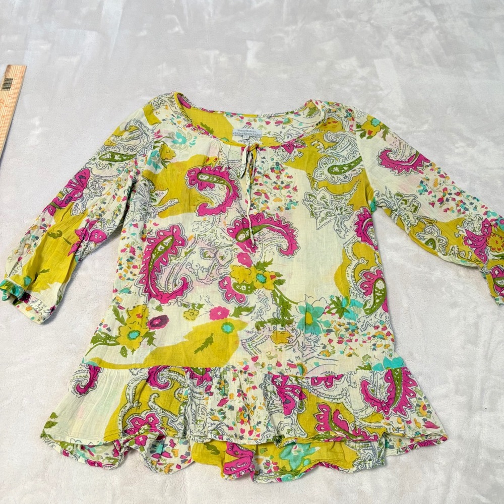 World Market Boho Paisley Tunic Top Yellow Pink size S/M Cotton Ruffle Hem